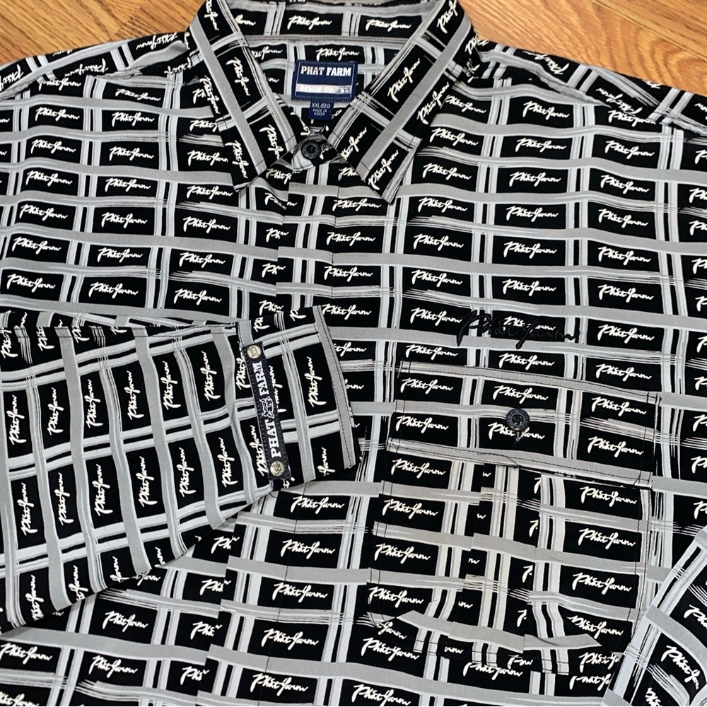 Vintage Y2K Phat Farm Monochrome Logo Button Up Shirt 2XL Hip Hop Streetwear - Picture 3 of 8